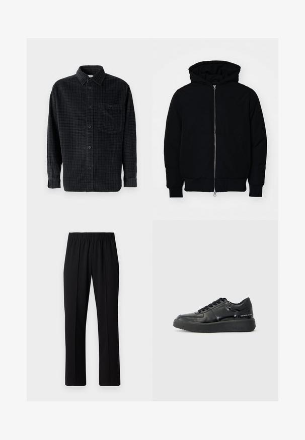 Zwarte hoodie met rits aan de voorkant, kangoeroe-pocket, geribbelde manchetten en zoom, weergegeven op een effen witte achtergrond.; Zwarte geruite overhemd met lange mouwen, gemaakt van zacht stof, met een knoopsluiting aan de voorkant, een kraag en een borstzak.; Zwarte, elastische broek met rechte pijpen, met een gladde textuur en zonder zichtbare patronen of hardware.; Zwarte leren sneakers met een gladde afwerking, ronde neus en contrasterende zwarte rubberen zool. Voorzien van platte veters en merkbranding aan de zijkant.
