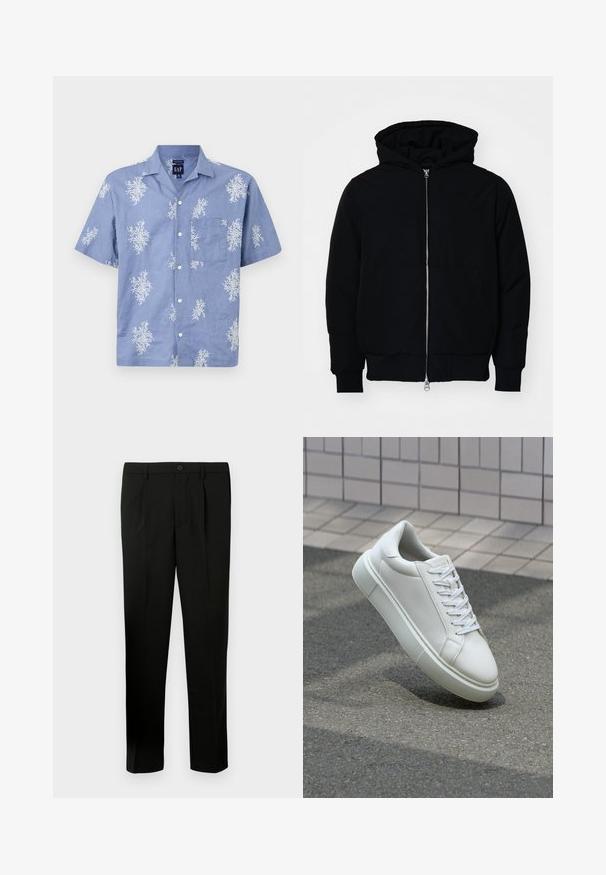 Black hooded jacket with front zipper, kangaroo pocket, ribbed cuffs, and hem, displayed on a plain white background.; Short-sleeve, blue shirt made of lightweight fabric, featuring a white floral pattern and a chest pocket. Button-down front and collar design.; Black tailored trousers with a flat front, two pleats, a button closure, side pockets, and a straight-leg cut. Made from a smooth fabric.; White leather sneaker with a smooth surface, round toe, and flat white laces. Features a textured rubber sole and minimal design elements.