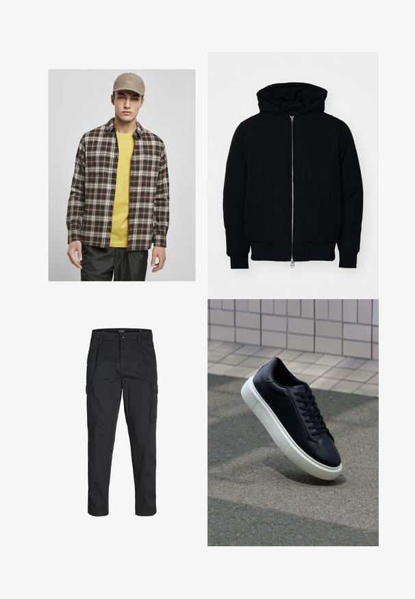 Giacca nera con cappuccio, dotata di zip frontale, tasca a marsupio, polsini e orlo a coste, esposta su uno sfondo bianco semplice.; Urban Classics ROOTS - Camicia - darkground/warmsand; Pantaloni cargo neri realizzati in un tessuto resistente, dotati di molteplici tasche, chiusura con bottone e un design aderente con gambe affusolate.; Sneaker in pelle nera con punta arrotondata e suola in gomma bianca. Presenta lacci piatti e cuciture minime sulla parte superiore. Suola testurizzata per una migliore aderenza.