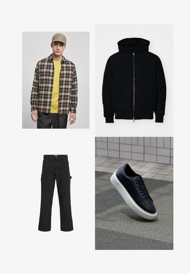 Melna kapucēta jaka ar priekšējo rāvējslēdzēju, kenguru kabatu, ribinātām aprocēm un apakšmalu, parādīta uz vienkārša balta fona.; Urban Classics ROOTS - Krekls - darkground/warmsand; Melnas cargo bikses no kokvilnas maisījuma auduma. Iekļauj plašas kājas, priekšējās slīpās kabatas un sānu kabatu ar cilpu aksesuāriem.; Melnas ādas kedas ar noapaļotu pirkstu un baltu gumijas zoli. Iespējas - plakanas šņorītes un minimāla apdare augšdaļā. Struktūrēta zole, lai nodrošinātu saķeri.