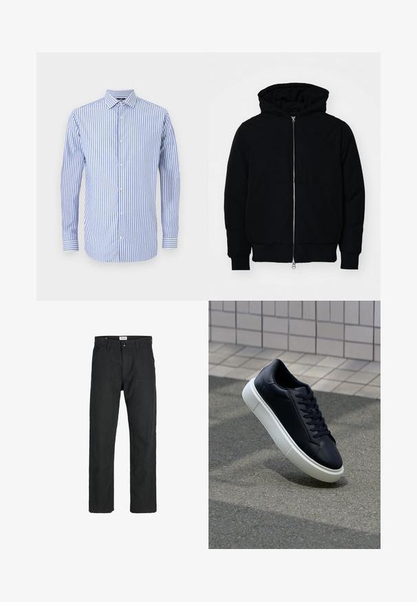 Juodas gobtuvėlis su priekiniu užtrauktuku, kengūros tipo kišene, lygiais rankogaliais ir apvadu, pateiktas ant vientiso balto fono.; Mėlynos ir baltos dryžuotos marškiniai su galu, ilgomis rankovėmis ir tiesiu apvadu. Minkšta medžiaga ir klasikinis siluetas.; Juodi kelniai, pagaminti iš tvirto audinio, su tiesiomis kojomis, siuvinėtomis detalėmis ir dviem priekinėmis kišenėmis funkcionalumui.; Juodas odinis sportbačius su apvaliu pirštu ir baltu gumuotu padu. Turi plokščias raišteles ir minimalų siuvimą viršuje. Padangos tekstūra užtikrina sukibimą.