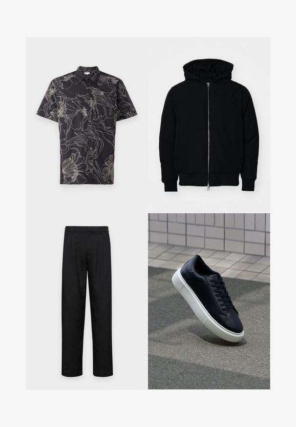 Chaqueta negra con capucha, cierre frontal, bolsillo tipo canguro, y puños y dobladillo acanalados, exhibida sobre un fondo blanco liso.; Camisa de manga corta negra con patrón de contorno floral blanco, con cierre delantero de botones y cuello estándar. Hecha de una tela ligera.; Pantalones negros de tela suave, con un diseño de pierna recta, dos pliegues frontales y una cintura estándar con trabillas para el cinturón.; Zapatilla de cuero negro con punta redonda y suela de goma blanca. Presenta cordones planos y un mínimo de costuras en la parte superior. Suela texturizada para proporcionar agarre.