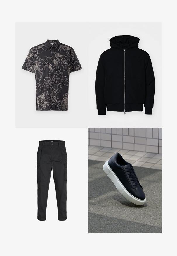 Zwarte hoodie met rits aan de voorkant, kangoeroe-pocket, geribbelde manchetten en zoom, weergegeven op een effen witte achtergrond.; Kortaf shirt in zwart met witte bloemomtrekpatroon, voorzien van een knoopsluiting aan de voorkant en een standaard kraag. Gemaakt van lichte stof.; Zwarte cargobroek van stevig stof, met meerdere zakken, een knoopsluiting en een slim fit ontwerp met taps toelopende benen.; Zwarte leren sneaker met een ronde neus en een witte rubberen zool. Voorzien van platte veters en minimale stiksels op het bovenwerk. Textuurrijke zool voor grip.