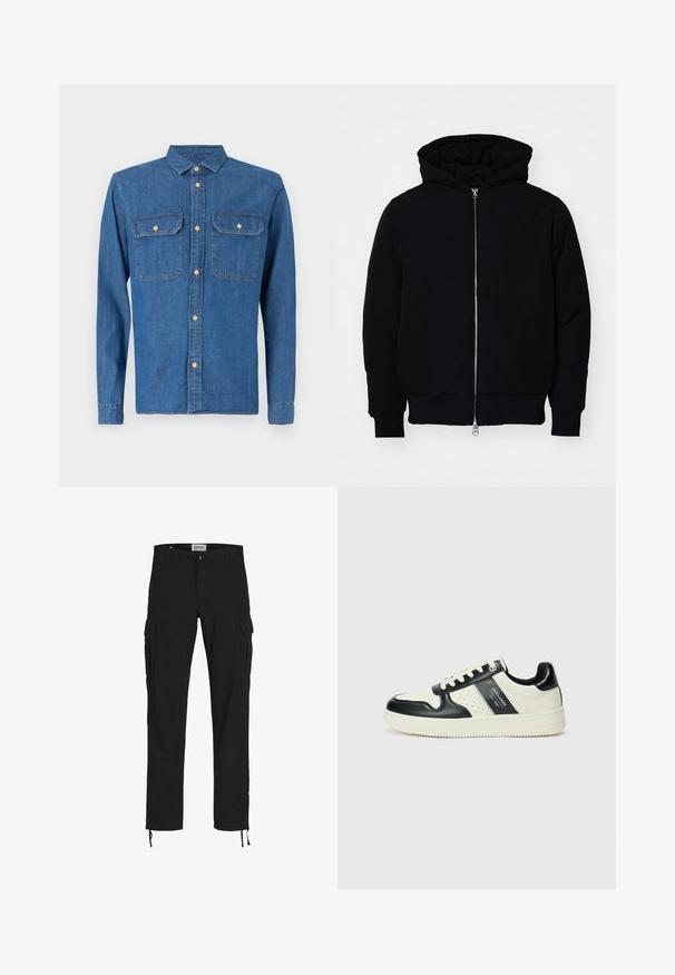 Crna kapuška jakna s prednjim zatvaračem, kenguru džepom, rebrastim manžetama i rubom, prikazana na običnoj bijeloj pozadini.; Traper košulja u tamnoplavoj boji, dugih rukava s dugmadima na manžetama, šiljastim ovratnikom, dva džepa na prsima i prednjim zatvaranjem na dugmad sa zlatnim hardverom.; Crne cargo hlače ravnog kroja, s bočnim džepovima, kopčanjem na dugme i elastičnim šniranjem na gležnjevima. Izrađene od izdržljivog materijala.; Kožne tenisice s crno-bijelom paletom boja, koje imaju perforirane akcentne detalje, podstavljeni ovratnik i teksturiranu potplat.