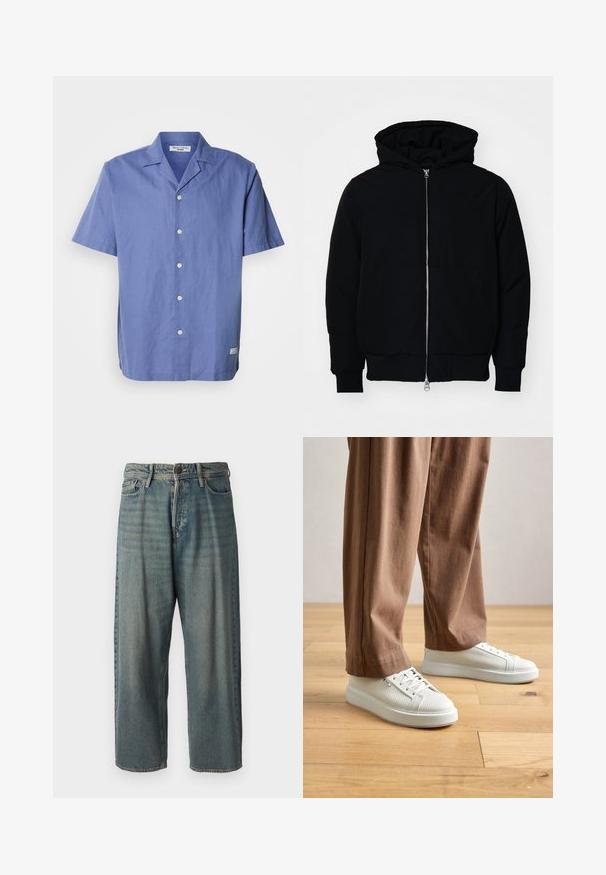 Juodas gobtuvėlis su priekiniu užtrauktuku, kengūros tipo kišene, lygiais rankogaliais ir apvadu, pateiktas ant vientiso balto fono.; Šviesiai mėlynas, trumpomis rankovėmis marškinis, pagamintas iš lino, su stovyklos apykakle, priekyje esančiais mygtukais ir maža etikete šone. Lygus paviršius.; Šviesiai mėlyni džinsai su laisvu siluetu, vidutinio aukščio juosmeniu ir tiesiomis kojomis. Su penkiais kišenėmis, diržo kilpo ir mygtukų uždarymu.; Asmuo vilkintis baltus tekstūruotus žemus sportinius batelius ir laisvas rudas kelnes, stovintis ant šviesaus medinio grindų paviršiaus.