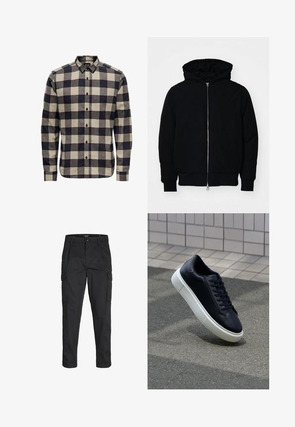 Black hooded jacket with front zipper, kangaroo pocket, ribbed cuffs, and hem, displayed on a plain white background.; Men's flannel shirt in black and cream, featuring a classic check pattern, button-down collar, and long sleeves with button cuffs.; Black cargo pants made of sturdy fabric, featuring multiple pockets, a button closure, and a slim fit design with tapered legs.; Black leather sneaker with rounded toe and white rubber sole. Features flat laces and minimal stitching on the upper. Textured sole for grip.