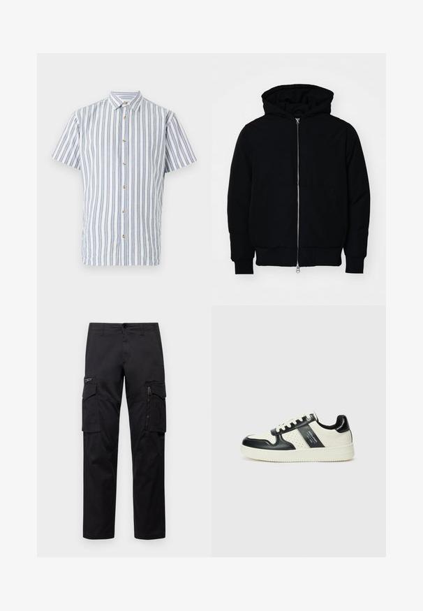 Črna kapuca jakna s sprednjim zadrgo, kenguru žepom, rebrastimi manšetami in hemom, razstavljena na enostavni beli ozadju.; Kratka majica s kratkimi rokavi v svetlo modri in beli črti, z zaklopom na sprednji strani in bež gumbi. Narejena iz strukturnega blaga.; Črne cargo hlače z več žepi, z zadrgo na stegnu, ravnim krojem in trdnim bombažnim materialom z rahlo sijajem.; Usnjeni športni čevlji z črno in krem barvno shemo, ki vključujejo perforirane dodatke, podložen ovratnik in strukturirano podplat.