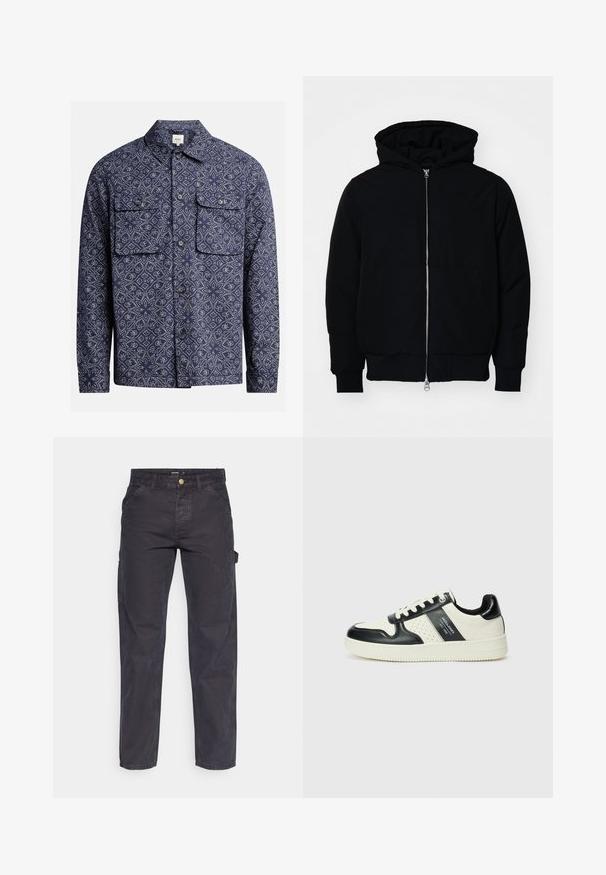 Svart hettejakke med frontglidelås, kengurulomme, ribbestrikket mansjetter og søm, vist på en ensfarget hvit bakgrunn.; Redefined Rebel BRYANT OVERSHIRT REGULAR FIT - Skjorte - sky captain; Mørkegrå cargo bukser laget av slitesterkt stoff, med rett benklipp, fem lommer og knapplukking i livet.; Lædersneakers med sort og creme farveskema, der har perforerede detaljer, en polstret krave og en struktureret ydersål.