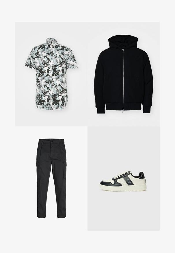 Schwarze Kapuzenjacke mit Frontreißverschluss, Kängurutasche, gerippten Bündchen und Saum, auf einem schlichten weißen Hintergrund präsentiert.; Jack & Jones JORJOSHUA ARUBA SHIRT - Hemd - cloud dancer; Schwarze Cargo-Hose aus robustem Material, mit mehreren Taschen, einem Knopfverschluss und einem Slim-Fit-Design mit schmal zulaufenden Beinen.; Leder-Sneaker in Schwarz- und Cremetönen, mit perforierten Akzenten, einem gepolsterten Kragen und einer strukturierten Laufsohle.