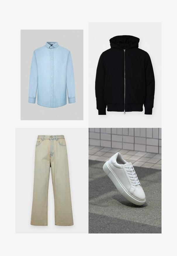 Czarna kurtka z kapturem, z suwakiem z przodu, kieszenią kangurką, ściągaczami przy mankietach i dolnym brzegu, prezentowana na jednolitym białym tle.; Jasnoniebieska koszula dżinsowa z długimi rękawami, kołnierzykiem zapinanym na guziki, guziki z przodu i gładką, równą teksturą. Bez wzorów ani dodatkowych akcentów.; Jasnoniebieskie dżinsy o szerokich nogawkach, wykonane z denimu z wyblakłym wykończeniem. Posiadają pięć kieszeni i zapięcie na guziki z przodu.; Białe skórzane trampki z gładką powierzchnią, okrągłym noskiem i płaskimi białymi sznurowadłami. Posiadają teksturowaną gumową podeszwę oraz minimalistyczne elementy projektowe.