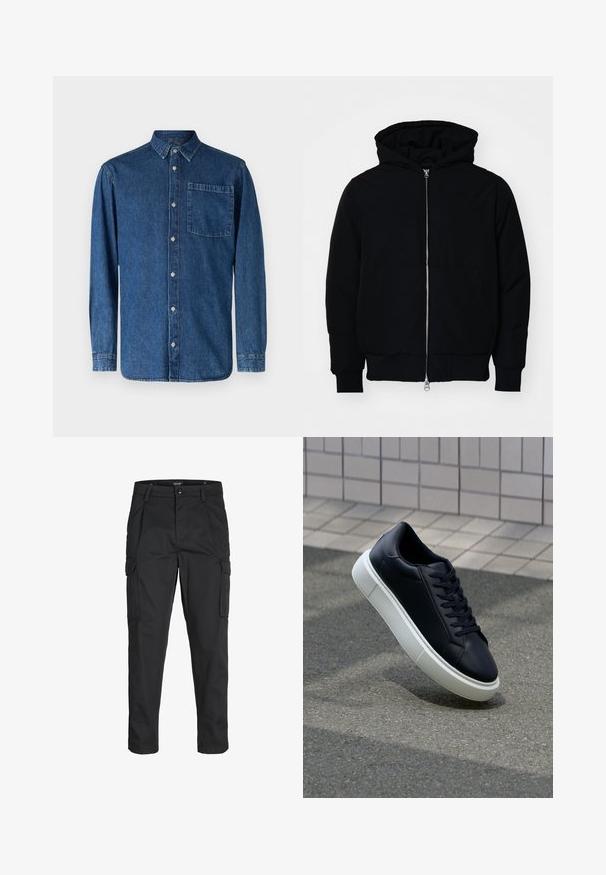 Juodas gobtuvėlis su priekiniu užtrauktuku, kengūros tipo kišene, lygiais rankogaliais ir apvadu, pateiktas ant vientiso balto fono.; Tamsiai mėlynas džinsinis ilgomis rankovėmis marškinys, su mygtukų užsegimu priekyje, klasikinio apykaklės dizainu, vienu krūtine kišenė ir mygtukais užsegamomis rankovėmis.; Juodi krovinių tipo džinsai, pagaminti iš tvirto audinio, su keliais kišeniais, mygtuko uždarymu ir siauru, prigludusiu dizainu su siaurėjančiomis kojomis.; Juodas odinis sportbačius su apvaliu pirštu ir baltu gumuotu padu. Turi plokščias raišteles ir minimalų siuvimą viršuje. Padangos tekstūra užtikrina sukibimą.