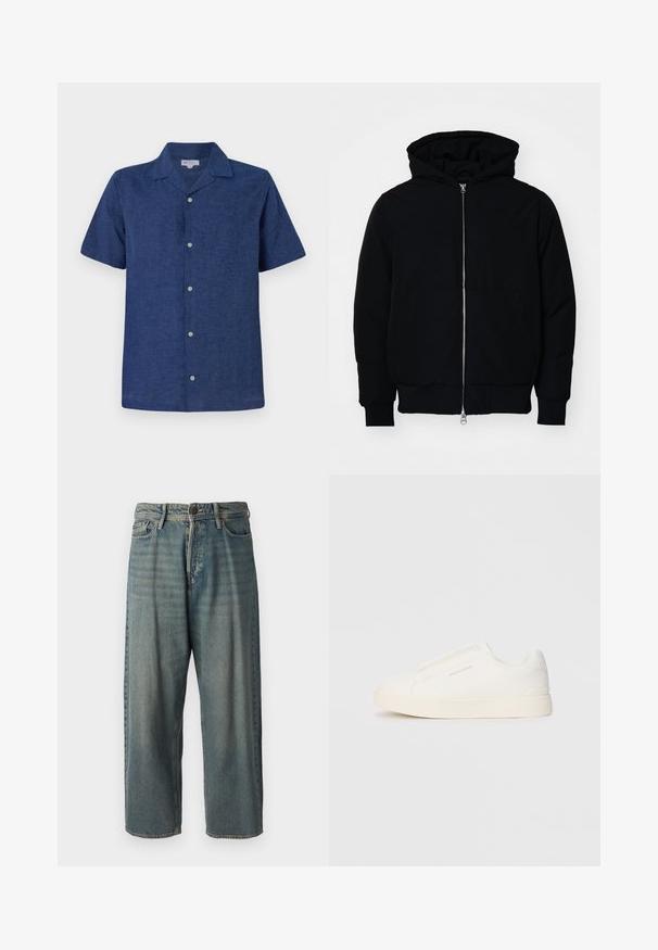 Juodas gobtuvėlis su priekiniu užtrauktuku, kengūros tipo kišene, lygiais rankogaliais ir apvadu, pateiktas ant vientiso balto fono.; Trumpas rankovėmis, tamsiai mėlynas marškinys, pagamintas iš pralaidaus audinio, su apykakle, funkcinėmis mygtukais ir šiek tiek tekstūruotu paviršiumi.; Šviesiai mėlyni džinsai su laisvu siluetu, vidutinio aukščio juosmeniu ir tiesiomis kojomis. Su penkiais kišenėmis, diržo kilpo ir mygtukų uždarymu.; Baltos slip-on sportbačiai su tekstūruota paviršiumi, storesniu padu ir minimalistišku dizainu. Šone matosi prekės ženklo logotipas.