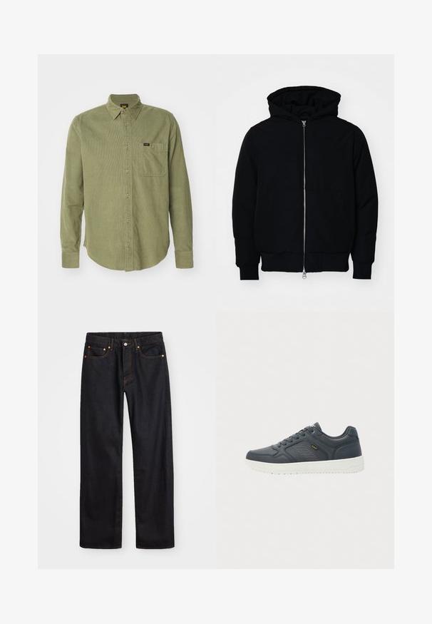 Czarna kurtka z kapturem, z suwakiem z przodu, kieszenią kangurką, ściągaczami przy mankietach i dolnym brzegu, prezentowana na jednolitym białym tle.; Oliwkowa koszula z sztruksu, z długimi rękawami, zapinana na guziki, z ostrym kołnierzykiem, jedną kieszenią na piersi i markową metką na kieszeni.; Męskie jeansy w prostym kroju, czarne, z pięcioma kieszeniami oraz pomarańczowymi strefami, z zapięciem na guzik i zamek z przodu w pasie.; Ciemnoszare niskie trampki z białą podeszwą, sznurowane, z teksturowaną boczną wkładką i żółtym logo "Lee" po boku.