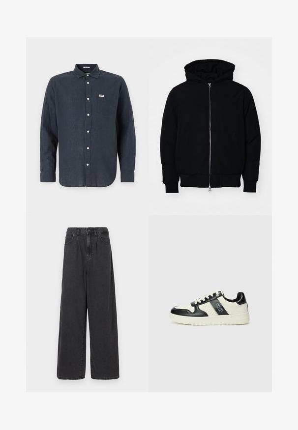 Black hooded jacket with front zipper, kangaroo pocket, ribbed cuffs, and hem, displayed on a plain white background.; Dark blue long-sleeve shirt made of linen, featuring a button-down collar, front pocket, and white buttons. Wrangler logo on the pocket.; Wide-leg, high-waisted black denim pants with a front button and zipper closure, featuring side pockets and a smooth texture.; Leather sneakers with a black and cream color scheme, featuring perforated accents, a padded collar, and a textured outsole.