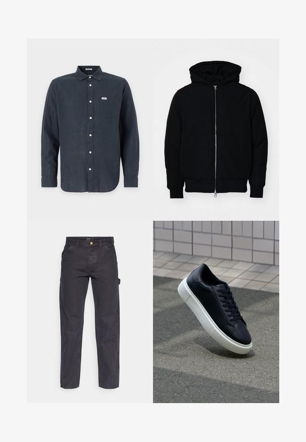 Mustaga kapuutsiga jakk, millel on esineed, kenguru tasku, soonikkoes, ja alläär, esitatud lihtsal valgel taustal.; Tume sinine pikkade varrukatega lina särk, millel on nööpidega krae, ette pandud tasku ja valged nööbid. Wrangleri logo taskul.; Tumehallid cargo-püksid, mis on valmistatud vastupidavast kangast, sirge lõikega, viie tasku ja nupuga kinnitusega vööl.; Mustast nahast tennisetoss, millel on ümar nina ja valge kummist tall. Omab siredaid paelu ja minimaalset õmblemist ülemises osas. Tekstuuriga tald, mis tagab haakuvuse.