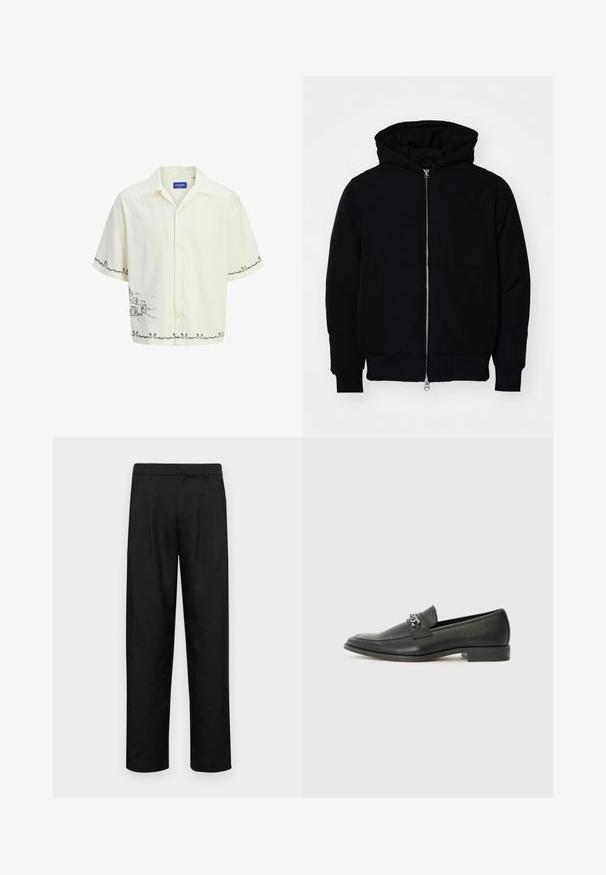 Veste à capuche noire avec fermeture éclair sur le devant, poche kangourou, poignets et ourlet côtelés, présentée sur un fond blanc uni.; Chemise à manches courtes de couleur crème claire avec un col, arborant un motif de croquis gris sur le devant et des détails de bordure décoratifs.; Pantalons noirs en tissu lisse, avec une coupe droite, deux plis avant et une taille standard avec passants de ceinture.; Mocassin en cuir noir avec une finition lisse, présentant un design cousu et une accent décoratif en chaîne métallique sur le rand. Talon plat.