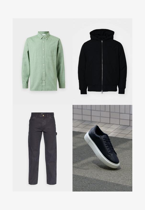 Giacca nera con cappuccio, dotata di zip frontale, tasca a marsupio, polsini e orlo a coste, esposta su uno sfondo bianco semplice.; Camicia verde chiaro a maniche lunghe con taschino sul petto, colletto abbottonato e bottoni beige su sfondo neutro.; Pantaloni cargo grigio scuro realizzati in tessuto resistente, con un taglio dritto, cinque tasche e chiusura a bottoni in vita.; Sneaker in pelle nera con punta arrotondata e suola in gomma bianca. Presenta lacci piatti e cuciture minime sulla parte superiore. Suola testurizzata per una migliore aderenza.