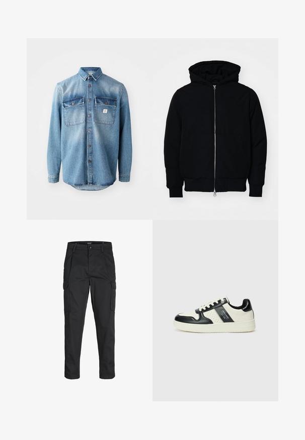 Svart huoodiejacka med framdragkedja, känguruficka, ribbade ärmslut och nederkant, uppställd mot en vit bakgrund.; Ljusblå denimskjorta med lång ärm, två bröstfickor, knäppning framtill och kontrasterande mörkare ficköppningar. Har en rundad nederkant.; Svarta cargobyxor tillverkade av hållbart tyg, med flera fickor, knappstängning och en smal passform med avsmalnande ben.; Läder sneakers med en svart och krämfärgad färgsättning, med perforerade detaljer, en vadderad krage och en strukturerad yttersula.