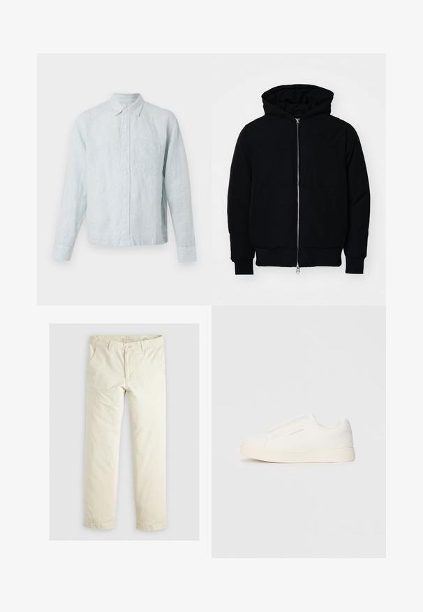 Black hooded jacket with front zipper, kangaroo pocket, ribbed cuffs, and hem, displayed on a plain white background.; Light blue striped button-up shirt with long sleeves, single chest pocket, and a classic collar, made from a soft textured fabric.; Light beige loose-fit pants with three pockets, belt loops, and a straight leg design. Made from a soft cotton blend fabric.; White slip-on sneakers with a textured surface, a thick sole, and minimalistic design. Features brand logo on the side.