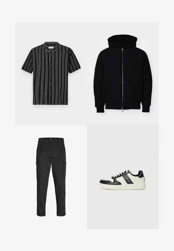 Veste à capuche noire avec fermeture éclair sur le devant, poche kangourou, poignets et ourlet côtelés, présentée sur un fond blanc uni.; Chemise noire à manches courtes avec rayures verticales blanches, fermeture à boutons et col évasé. Fabriquée en tissu léger, texture lisse.; Pantalons cargo noirs en tissu résistant, dotés de plusieurs poches, d'une fermeture par bouton et d'une coupe slim avec des jambes fuselées.; Baskets en cuir avec un schéma de couleurs noir et crème, dotées d'accents perforés, d'un col rembourré et d'une semelle texturée.