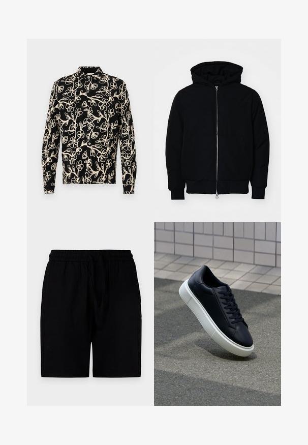 Čierna kapucňová bunda s predným zipsom, klokaními vreckami, rebrovanými manžetami a lemom, zobrazená na bielom pozadí.; Čierna košeľa s dlhým rukávom s bielou kvetinovou výšivkou, kravata s gombíkmi a voľným strihom s viditeľnými švami.; Čierne šortky vyrobené z ľahkého materiálu, s elastickým pásom a šnúrkou na stiahnutie, bočnými vreckami a voľným strihom.; Čierne kožené tenisky s okrúhlou špičkou a bielou gumovou podrážkou. Majú ploché šnúrky a minimálne šitie na vrchu. Textúrovaná podrážka pre lepšiu priľnavosť.
