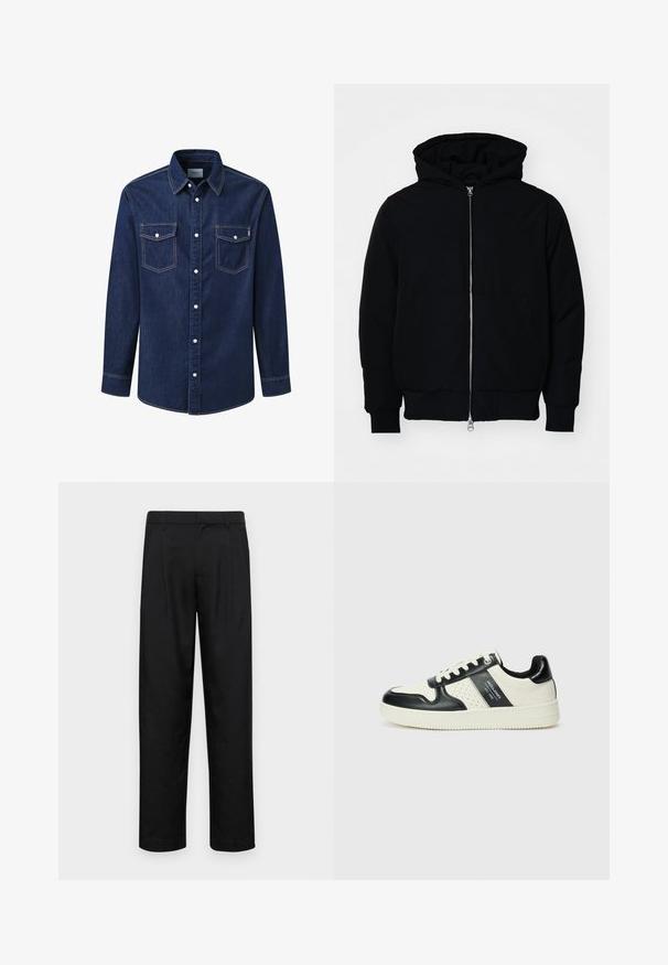 Chaqueta negra con capucha, cierre frontal, bolsillo tipo canguro, y puños y dobladillo acanalados, exhibida sobre un fondo blanco liso.; Camisa de mezclilla en azul oscuro con mangas largas, cuello puntiagudo, dos bolsillos en el pecho y botones a presión blancos, con costuras de contraste.; Pantalones negros de tela suave, con un diseño de pierna recta, dos pliegues frontales y una cintura estándar con trabillas para el cinturón.; Zapatillas de cuero con un esquema de colores negro y crema, que cuentan con acentos perforados, un collar acolchado y una suela texturizada.