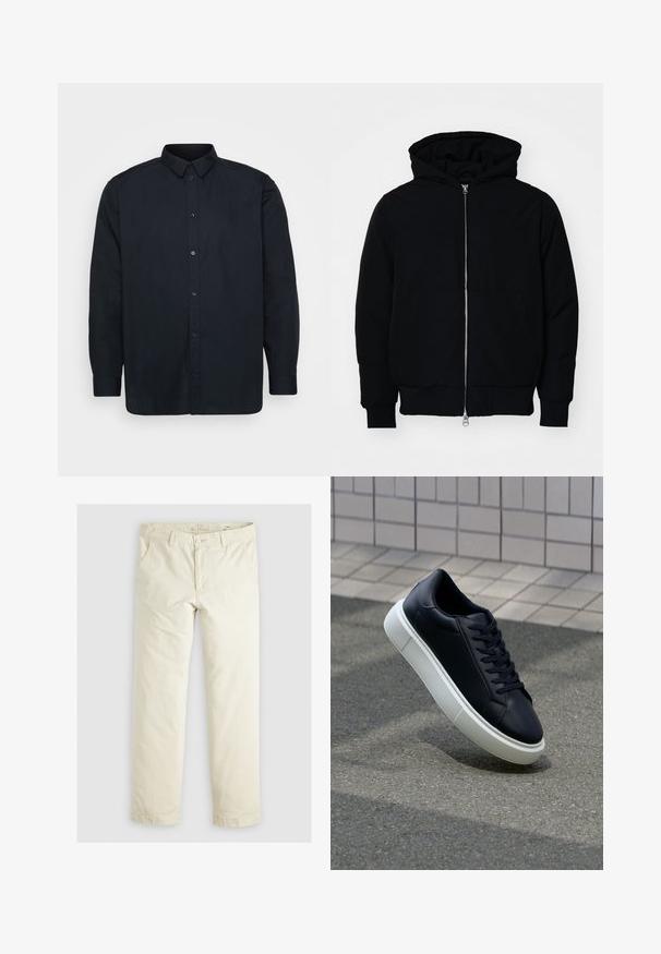 Svart hettejakke med frontglidelås, kengurulomme, ribbestrikket mansjetter og søm, vist på en ensfarget hvit bakgrunn.; Svart skjorte med knapper laget av bomull, med klassisk krage, lange ermer og syv frontknapper. Glatt tekstur, uten bemerkelsesverdige mønstre.; Lys beige løse bukser med tre lommer, beltestropper og rett ben-design. Laget av et mykt bomullsblandingsstoff.; Sorte skinnsneakers med rund tå og hvit gummisåle. Har flate lisser og minimal søm på overdelen. Strukturert såle for grep.