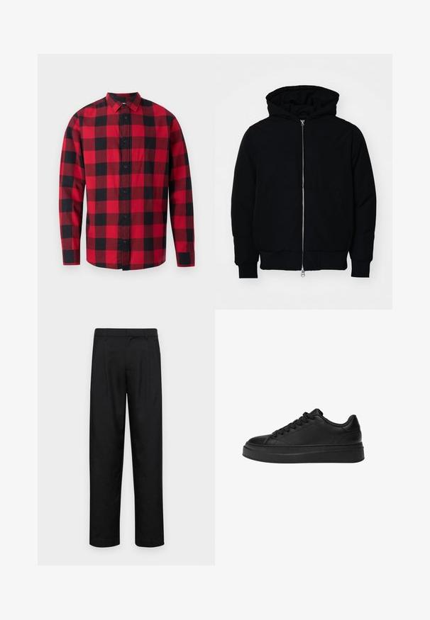 Zwarte hoodie met rits aan de voorkant, kangoeroe-pocket, geribbelde manchetten en zoom, weergegeven op een effen witte achtergrond.; Rood en zwart geruite flanellen shirt met een knoopsluiting aan de voorkant, lange mouwen en een kraag. Heeft een klassiek ruitpatroon.; Zwarte broeken van gladde stof, met een recht model, twee voorknikken en een standaard tailleband met riemlussen.; Zwarte sneaker van gladleer, met een ronde neus, een dikke platformzool en een traditionele vetersluiting met zes vetergaatjes.