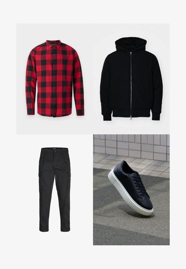 Mustaga kapuutsiga jakk, millel on esineed, kenguru tasku, soonikkoes, ja alläär, esitatud lihtsal valgel taustal.; Punane ja must ruuduline flanellpaita nupuväärisega ees, pikad varrukad ja krae. Omab klassikalist ruudustikku.; Mustad mustapõlvik, mis on valmistatud tugeva koe kasutades, sisaldab mitmeid taskuid, nupule kinnitatav sulgemine ja kitsenev disain.; Mustast nahast tennisetoss, millel on ümar nina ja valge kummist tall. Omab siredaid paelu ja minimaalset õmblemist ülemises osas. Tekstuuriga tald, mis tagab haakuvuse.