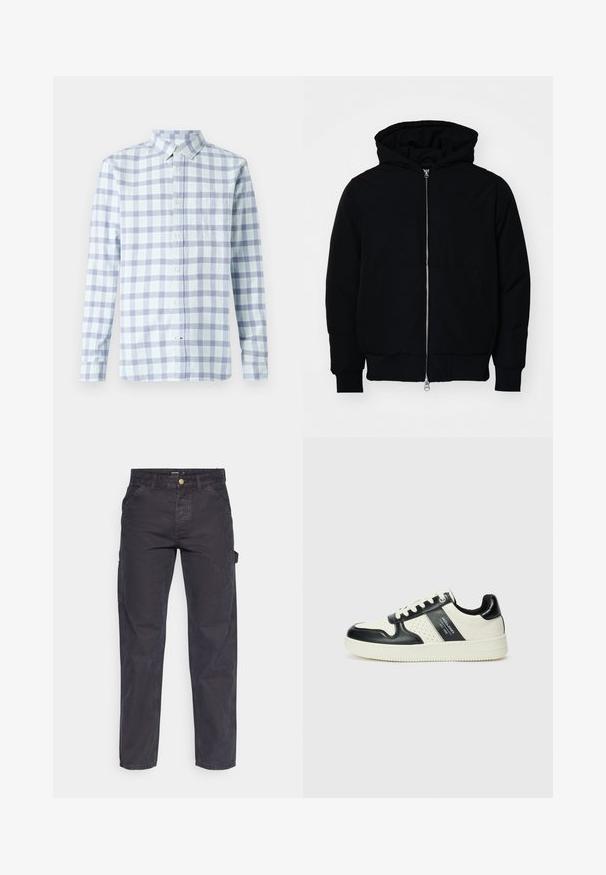 Mustaga kapuutsiga jakk, millel on esineed, kenguru tasku, soonikkoes, ja alläär, esitatud lihtsal valgel taustal.; Heledad sinine ja lavendlilillidega ruuduline särk, nööbid all, pikad varrukad, rinna tasku, puuvillane kangas, lõdva disainiga.; Tumehallid cargo-püksid, mis on valmistatud vastupidavast kangast, sirge lõikega, viie tasku ja nupuga kinnitusega vööl.; Nahatud nahkkingad musta ja kreemi värviskeemiga, millel on perforeeritud aktsendid, pehme krae ja tekstureeritud tallad.