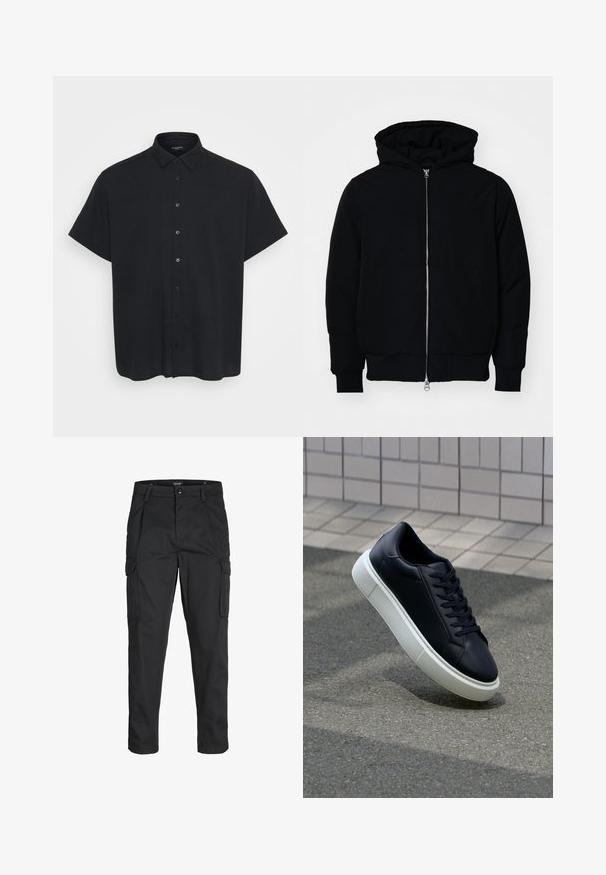 Mustaga kapuutsiga jakk, millel on esineed, kenguru tasku, soonikkoes, ja alläär, esitatud lihtsal valgel taustal.; Lühikeste varrukatega must nööbitav särk, mis on valmistatud tekstureeritud kangast, millel on kraega kaelus, ees nööbid ja mugav lõige.; Mustad mustapõlvik, mis on valmistatud tugeva koe kasutades, sisaldab mitmeid taskuid, nupule kinnitatav sulgemine ja kitsenev disain.; Mustast nahast tennisetoss, millel on ümar nina ja valge kummist tall. Omab siredaid paelu ja minimaalset õmblemist ülemises osas. Tekstuuriga tald, mis tagab haakuvuse.