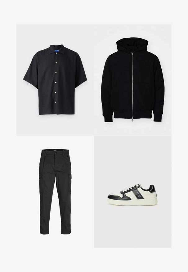 Giacca nera con cappuccio, dotata di zip frontale, tasca a marsupio, polsini e orlo a coste, esposta su uno sfondo bianco semplice.; Camicetta nera a maniche corte realizzata in tessuto leggero, con colletto a punta e chiusura frontale con bottoni bianchi.; Pantaloni cargo neri realizzati in un tessuto resistente, dotati di molteplici tasche, chiusura con bottone e un design aderente con gambe affusolate.; Sneakers in pelle con una combinazione di colori nero e crema, dotati di dettagli perforati, collare imbottito e suola testurizzata.