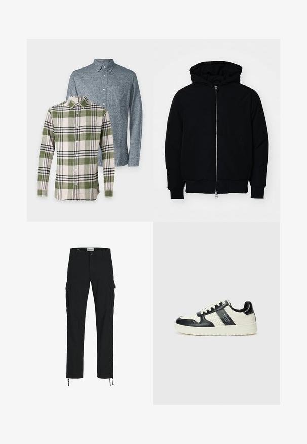 Black hooded jacket with front zipper, kangaroo pocket, ribbed cuffs, and hem, displayed on a plain white background.; Jack & Jones JPRBLUNORRIS 2 PACK - Shirt - navy/cypress; Black cargo pants with a straight cut, featuring side pockets, a button closure, and elastic drawstrings at the ankles. Made from durable fabric.; Leather sneakers with a black and cream color scheme, featuring perforated accents, a padded collar, and a textured outsole.