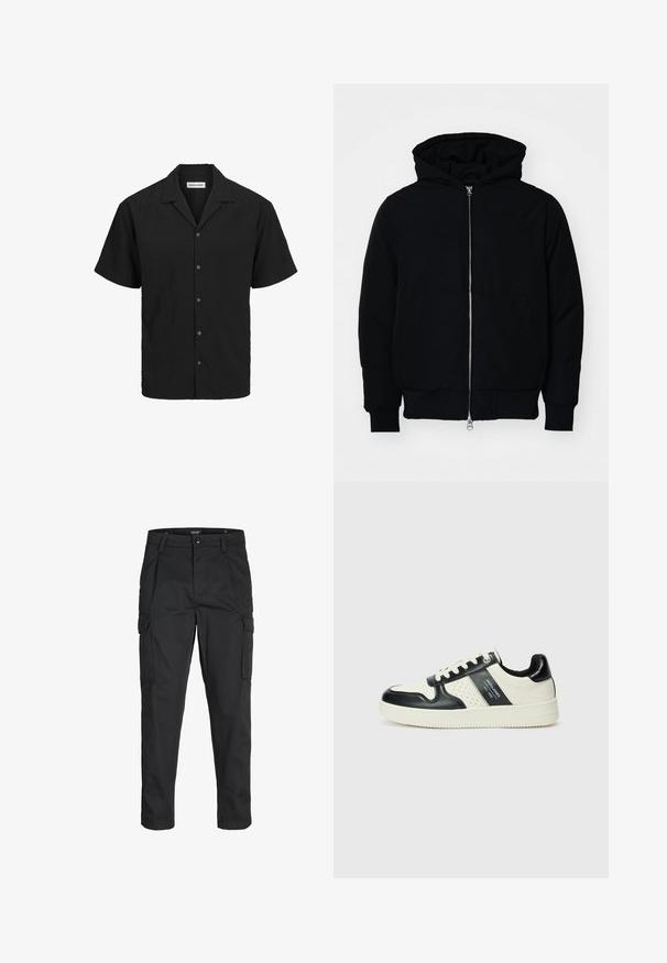 Giacca nera con cappuccio, dotata di zip frontale, tasca a marsupio, polsini e orlo a coste, esposta su uno sfondo bianco semplice.; Camicia a maniche corte con bottoni di colore nero, realizzata in un tessuto testurizzato, con colletto alla francese e cinque bottoni coordinati lungo la parte anteriore.; Pantaloni cargo neri realizzati in un tessuto resistente, dotati di molteplici tasche, chiusura con bottone e un design aderente con gambe affusolate.; Sneakers in pelle con una combinazione di colori nero e crema, dotati di dettagli perforati, collare imbottito e suola testurizzata.