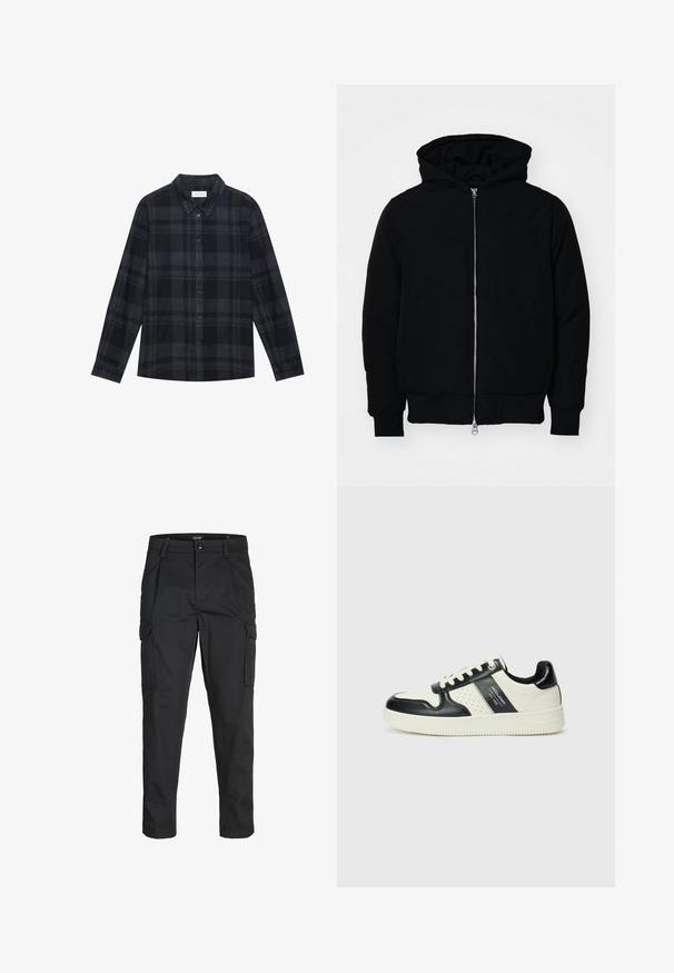 Black hooded jacket with front zipper, kangaroo pocket, ribbed cuffs, and hem, displayed on a plain white background.; Black and gray plaid shirt made of flannel, featuring a button-down front, long sleeves, and a classic collar design.; Black cargo pants made of sturdy fabric, featuring multiple pockets, a button closure, and a slim fit design with tapered legs.; Leather sneakers with a black and cream color scheme, featuring perforated accents, a padded collar, and a textured outsole.