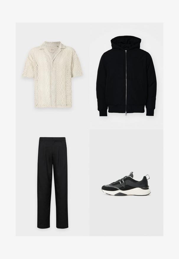 Chaqueta negra con capucha, cierre frontal, bolsillo tipo canguro, y puños y dobladillo acanalados, exhibida sobre un fondo blanco liso.; Camisa de manga corta, abotonada, en color crema con un patrón de encaje tipo ganchillo que presenta formas de diamante. Textura suave con un ajuste relajado.; Pantalones negros de tela suave, con un diseño de pierna recta, dos pliegues frontales y una cintura estándar con trabillas para el cinturón.; Zapatilla negra que combina materiales de ante y malla, con una suela blanca gruesa y acentos reflectantes. Diseño con cordones y Asa de tiro.