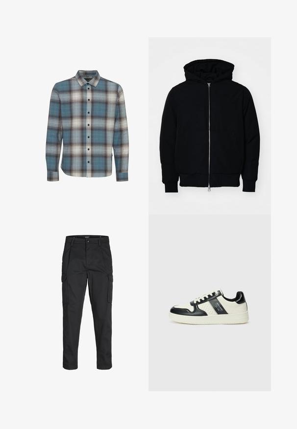 Black hooded jacket with front zipper, kangaroo pocket, ribbed cuffs, and hem, displayed on a plain white background.; Long-sleeve plaid shirt featuring blue, white, and brown colors. Crafted from a soft fabric with a standard collar and button closure.; Black cargo pants made of sturdy fabric, featuring multiple pockets, a button closure, and a slim fit design with tapered legs.; Leather sneakers with a black and cream color scheme, featuring perforated accents, a padded collar, and a textured outsole.