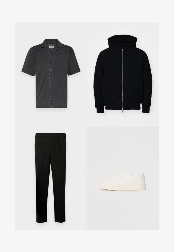 Svart hettejakke med frontglidelås, kengurulomme, ribbestrikket mansjetter og søm, vist på en ensfarget hvit bakgrunn.; Denim Project LOOSE FIT SHORT SLEEVE DENIM - Skjorte - gray wash; Svarte skreddersydde bukser med flat foran, to folder, knappelukking, sidelommer og rette ben. Laget av et glatt stoff.; Hvite slip-on joggesko med teksturert overflate, tykk såle og minimalistisk design. Har merkevarelogo på siden.