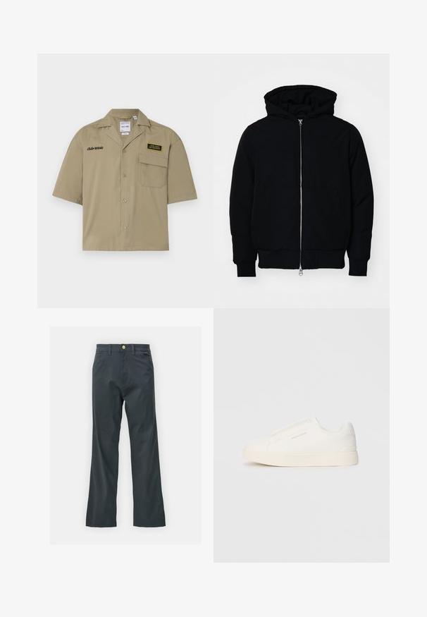 Black hooded jacket with front zipper, kangaroo pocket, ribbed cuffs, and hem, displayed on a plain white background.; Short-sleeve khaki shirt made of cotton with a button front, featuring chest pocket, embroidered text, and a patch with logos.; Black pants with a straight leg cut, made from cotton blend fabric. Features a metal button closure and side pockets. No visible patterns.; White slip-on sneakers with a textured surface, a thick sole, and minimalistic design. Features brand logo on the side.