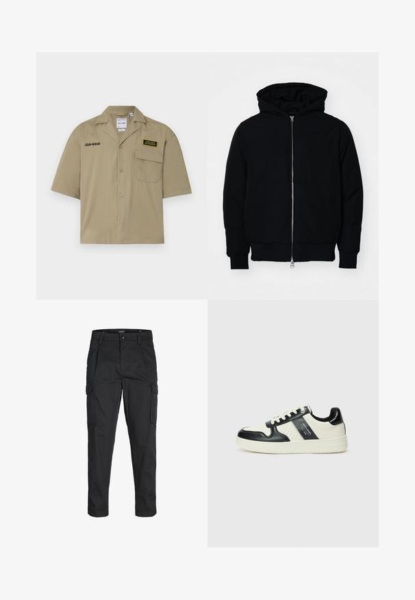 Chaqueta negra con capucha, cierre frontal, bolsillo tipo canguro, y puños y dobladillo acanalados, exhibida sobre un fondo blanco liso.; Camisa de manga corta color caqui de algodón con botones en el frente, que cuenta con un bolsillo en el pecho, texto bordado y un parche con logotipos.; Pantalones cargo negros hechos de tela resistente, que cuentan con múltiples bolsillos, un cierre de botón y un diseño de corte slim con piernas ajustadas.; Zapatillas de cuero con un esquema de colores negro y crema, que cuentan con acentos perforados, un collar acolchado y una suela texturizada.