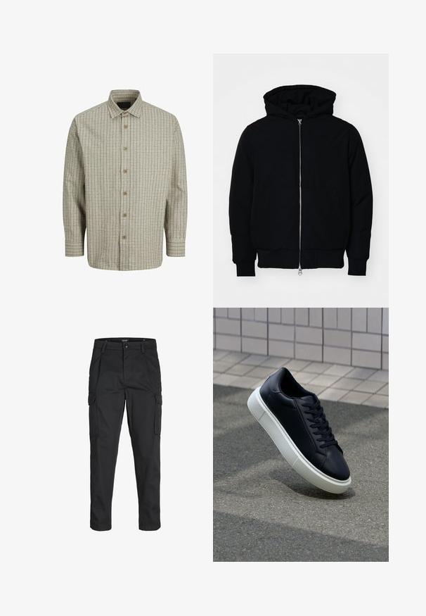 Mustat huppu-untuvatakki, jossa on vetoketju edessä, kenguru-tasku, ribatut hihansuut ja helma, esillä yksinkertaisella valkoisella taustalla.; Napapaita, joka on valmistettu kevyestä kankaasta ja jossa on vaaleanbeige ja tummansininen ruutukuosi, leveä kaulus ja puiset napit.; Mustat cargo-housut, jotka on valmistettu kestävästä kankaasta. Housuissa on useita taskuja, nappisulku ja kapea istuvuus, jossa on kapenevat lahkeet.; Mustat nahkakengät, joissa on pyöristetty kärki ja valkoinen kumipohja. Varusteena litteät nauhat ja minimaalinen ommel ylhäällä. Teksturoitu pohja pitävyyden lisäämiseksi.