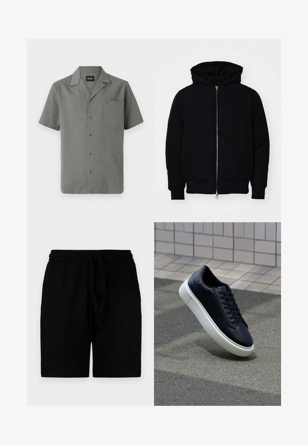 Fekete kapucnis dzseki elülső cipzárral, kenguruzsebbel, bordázott mandzsettákkal és aba, egy sima fehér háttér előtt.; Rövid ujjú, szürke ing, amely texturált anyagból készült, hegyes gallérral, mellzsebbel és sötét gombokkal az elején.; Fekete sort könnyű anyagból, elasztikus derékpánttal és húzózsinórral, oldalsó zsebekkel és laza szabással.; Fekete bőr sportcipő lekerekített orral és fehér gumitalppal. Lapos fűzőkkel és minimális varrásokkal rendelkezik a felsőrészén. Mintás talp a tapadásért.