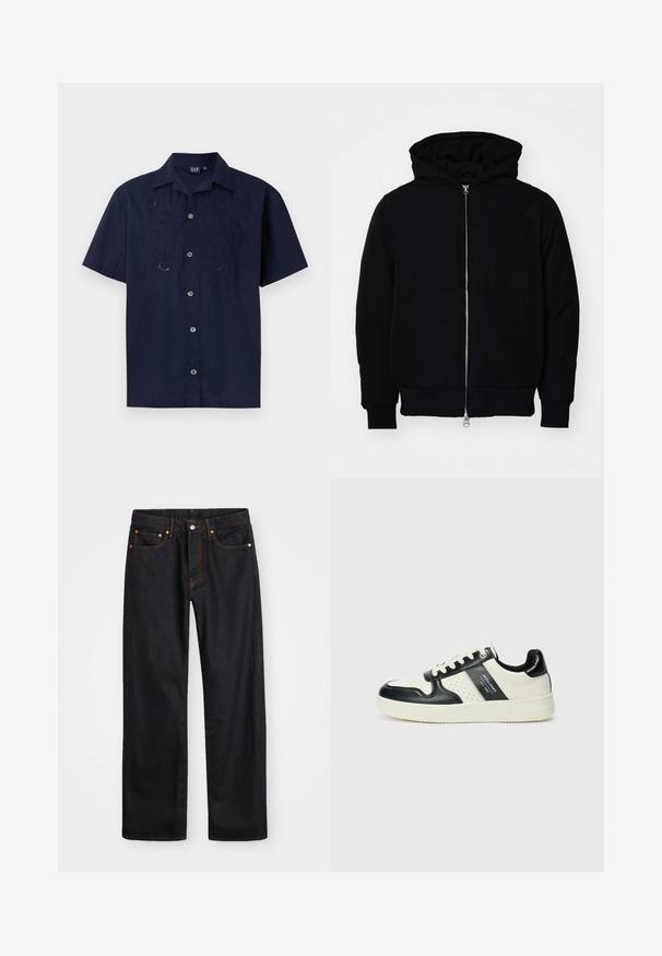 Melna kapucēta jaka ar priekšējo rāvējslēdzēju, kenguru kabatu, ribinātām aprocēm un apakšmalu, parādīta uz vienkārša balta fona.; Jūras spēku īsām piedurknēm krekls ar izšūtiem ziedu rakstiem, pogājams priekšpuses dizains un klasiskā apkakle. Izgatavots no viegla auduma.; Vīriešu taisno kāju melnie džinsi ar piecām kabatām un oranžu izšuvumu, ar pogu un zipa aizdari priekšējā jostas daļā.; Ādas sporta apavi ar melnbaltu krāsu shēmu, ar perforētiem akcentiem, mīkstinātu apkakli un teksturētu zoli.