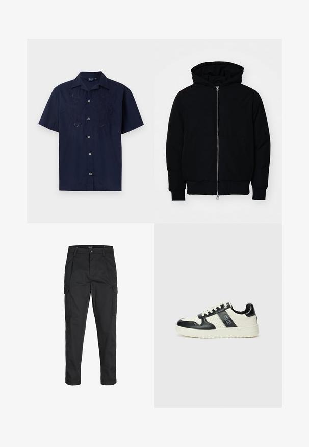 Schwarze Kapuzenjacke mit Frontreißverschluss, Kängurutasche, gerippten Bündchen und Saum, auf einem schlichten weißen Hintergrund präsentiert.; Marineblaues Kurzarmhemd mit gestickten Blumenmustern, Knopfverschluss und klassischem Kragen. Hergestellt aus leichtem Stoff.; Schwarze Cargo-Hose aus robustem Material, mit mehreren Taschen, einem Knopfverschluss und einem Slim-Fit-Design mit schmal zulaufenden Beinen.; Leder-Sneaker in Schwarz- und Cremetönen, mit perforierten Akzenten, einem gepolsterten Kragen und einer strukturierten Laufsohle.