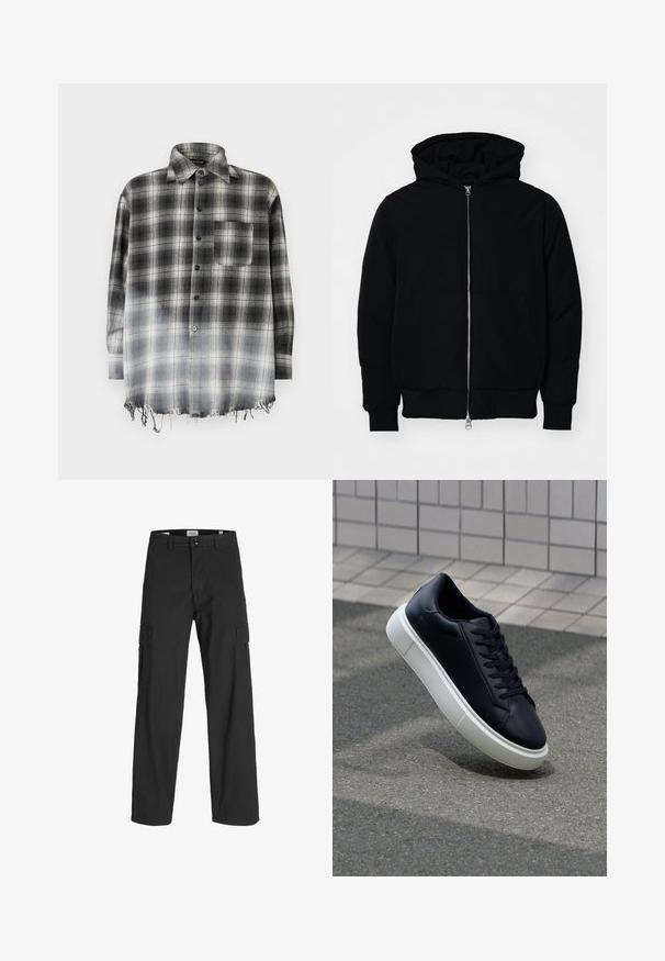 Melna kapucēta jaka ar priekšējo rāvējslēdzēju, kenguru kabatu, ribinātām aprocēm un apakšmalu, parādīta uz vienkārša balta fona.; Melnā un baltā pleda krekls ar klasisku apkakli, pogu aizdari, kabatu ar uzšuvumu un saplēstu apmali. Audums ir mīksts un teksturēts.; Melni kravas bikses ar brīvu piegriezumu, izgatavotas no kokvilnas. Tām ir divi sānu kabatas un pogu aizdare, kas paredzēta funkcionalitātei un komfortam.; Melnas ādas kedas ar noapaļotu pirkstu un baltu gumijas zoli. Iespējas - plakanas šņorītes un minimāla apdare augšdaļā. Struktūrēta zole, lai nodrošinātu saķeri.