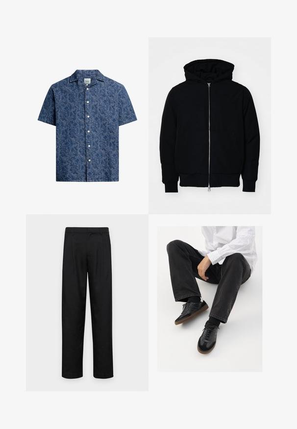 Melna kapucēta jaka ar priekšējo rāvējslēdzēju, kenguru kabatu, ribinātām aprocēm un apakšmalu, parādīta uz vienkārša balta fona.; Īsām piedurknēm pogājama krekla tums zilā audumā ar tekstūru un smalku rakstu, ar klasisku apkakli. Priekšpusē ir baltas pogas.; Melnas bikses, izgatavotas no gludas auduma, ar taisnu kāju dizainu, divām priekšējām krokām un standarta jostu, kurai ir āķi.; Melnas sporta kurpes ar gludu un teksturētu virsu, apgādātas ar gumijas zoli un tumšiem auklām. Saskaņotas ar melniem džinsiem un baltu svītrainu krekls.