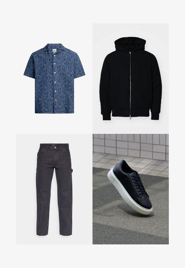 Crna kapuška jakna s prednjim zatvaračem, kenguru džepom, rebrastim manžetama i rubom, prikazana na običnoj bijeloj pozadini.; Košulja kratkih rukava s gumbima, izrađena od teksturirane tamnoplave tkanine sa suptilnim uzorkom i klasičnom kragnom. Ima bijele gumbe duž prednje strane.; Tamno sivi cargo hlače od izdržljivog materijala, s ravnim krojem, pet džepova i kopčanjem na dugme u struku.; Crne kožne tenisice s zaobljenim vrhom i bijelim gumiranim potplatom. Imaju ravne vezice i minimalno šivanje na gornjem dijelu. Teksturirani potplat za bolje prianjanje.