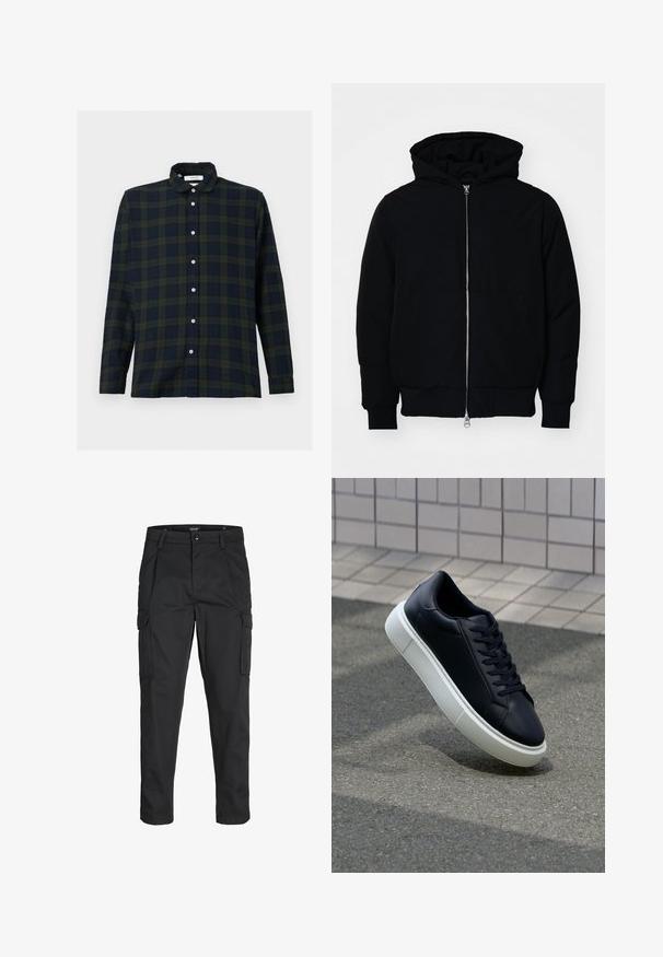 Zwarte hoodie met rits aan de voorkant, kangoeroe-pocket, geribbelde manchetten en zoom, weergegeven op een effen witte achtergrond.; Langdurige, gestreepte overhemd met lange mouwen in donker groen en marineblauw, gemaakt van katoen, met een button-down kraag en voorste knopenrij.; Zwarte cargobroek van stevig stof, met meerdere zakken, een knoopsluiting en een slim fit ontwerp met taps toelopende benen.; Zwarte leren sneaker met een ronde neus en een witte rubberen zool. Voorzien van platte veters en minimale stiksels op het bovenwerk. Textuurrijke zool voor grip.