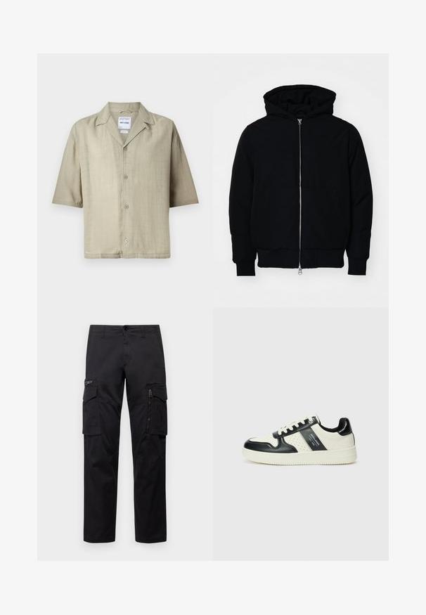 Chaqueta negra con capucha, cierre frontal, bolsillo tipo canguro, y puños y dobladillo acanalados, exhibida sobre un fondo blanco liso.; Camisa de manga corta abotonada en tejido caqui claro. Cuenta con un cuello tipo campamento, corte recto y cinco botones en el frente. Acabado texturizado.; Pantalones cargo negros con múltiples bolsillos, un bolsillo con cremallera en el muslo, corte recto y tejido de algodón resistente con un ligero brillo.; Zapatillas de cuero con un esquema de colores negro y crema, que cuentan con acentos perforados, un collar acolchado y una suela texturizada.