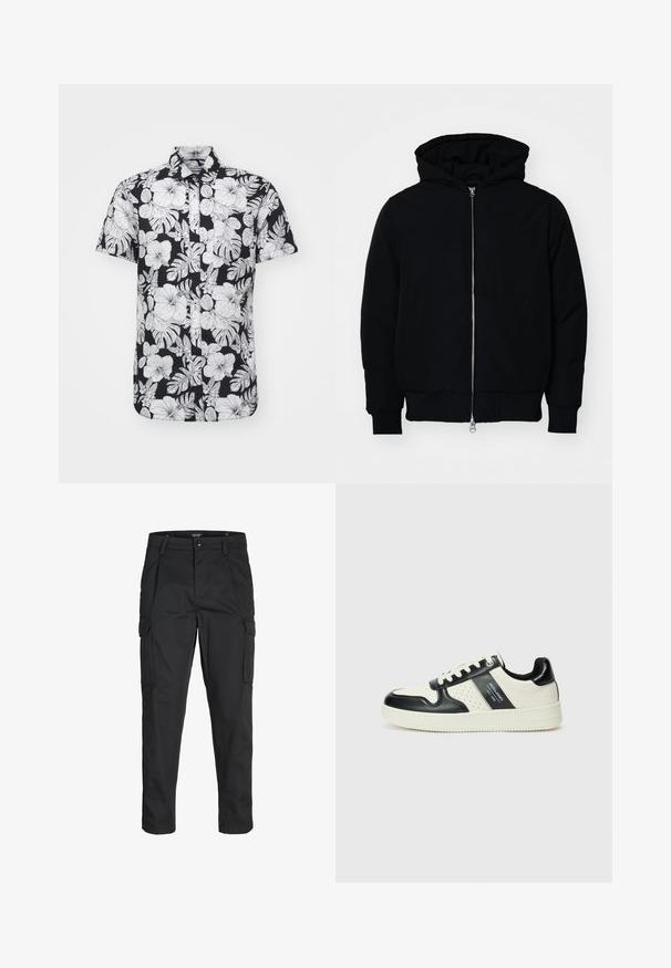 Melna kapucēta jaka ar priekšējo rāvējslēdzēju, kenguru kabatu, ribinātām aprocēm un apakšmalu, parādīta uz vienkārša balta fona.; Kreklu ar īsu piedurkni, kuram ir melna fona krāsa ar izteiktiem baltiem ziedu un lapu rakstiem, apkakles dizains un taisna apakšmala.; Melnas kravas bikses, izgatavotas no izturīga auduma, ar vairākiem kabatām, pogu aizdari un šaura piegriezuma dizainu ar sašaurinātiem kāju apakšiem.; Ādas sporta apavi ar melnbaltu krāsu shēmu, ar perforētiem akcentiem, mīkstinātu apkakli un teksturētu zoli.